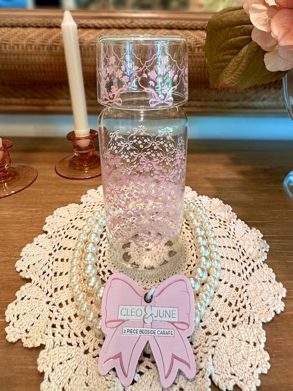 2-Piece Pink Floral Bedside Carafe Cleo & June Coquette Girly Viral Aesthetic